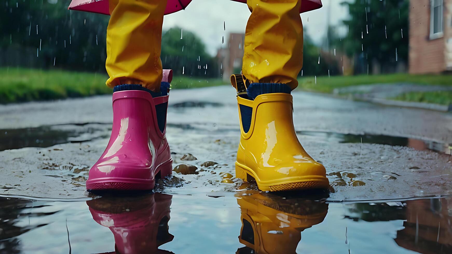 Little feet in bright rubber boots one yellow, the other pink stand in a puddle, causing joyful splashes photo