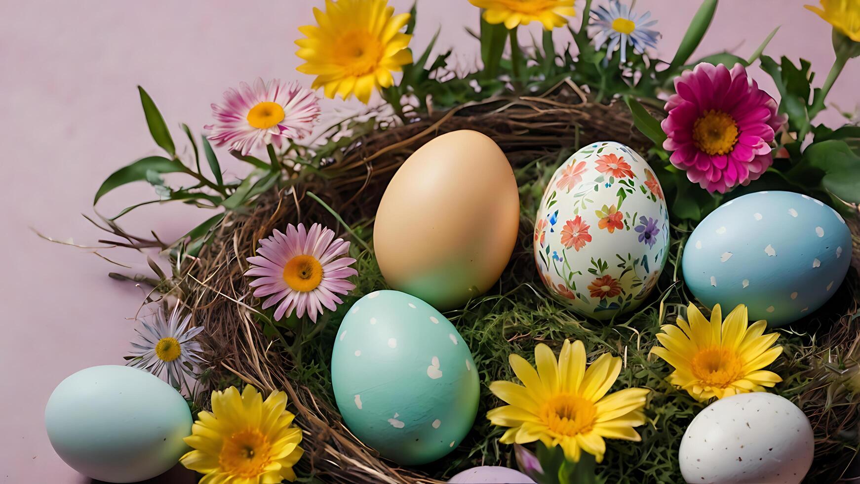 Easter eggs. A charming Easter floral border with bright Easter eggs and spring flowers photo