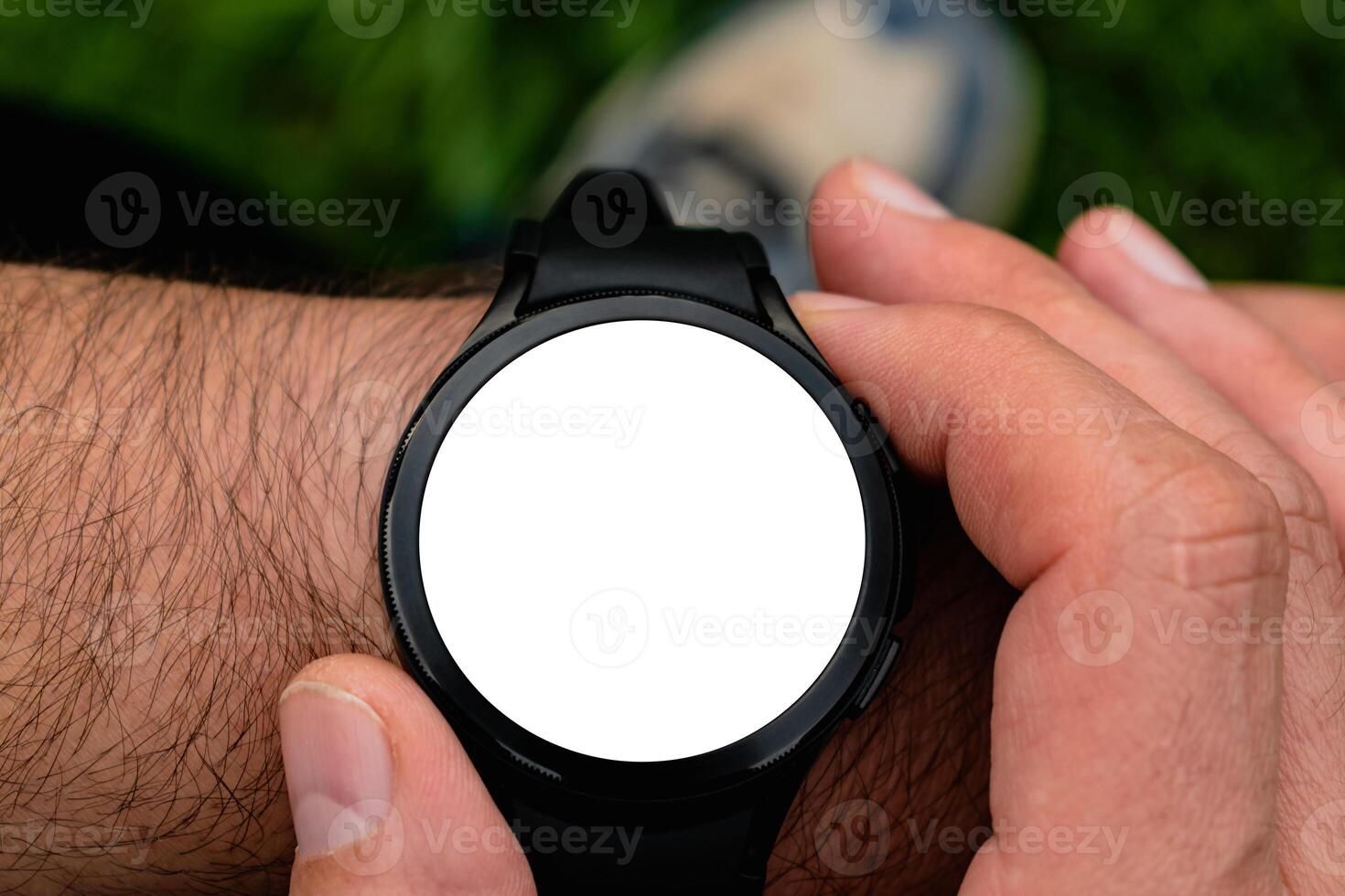 Smart watch screen mockup for advertising, man using his watch outdoors, marketing and creative design, business photo