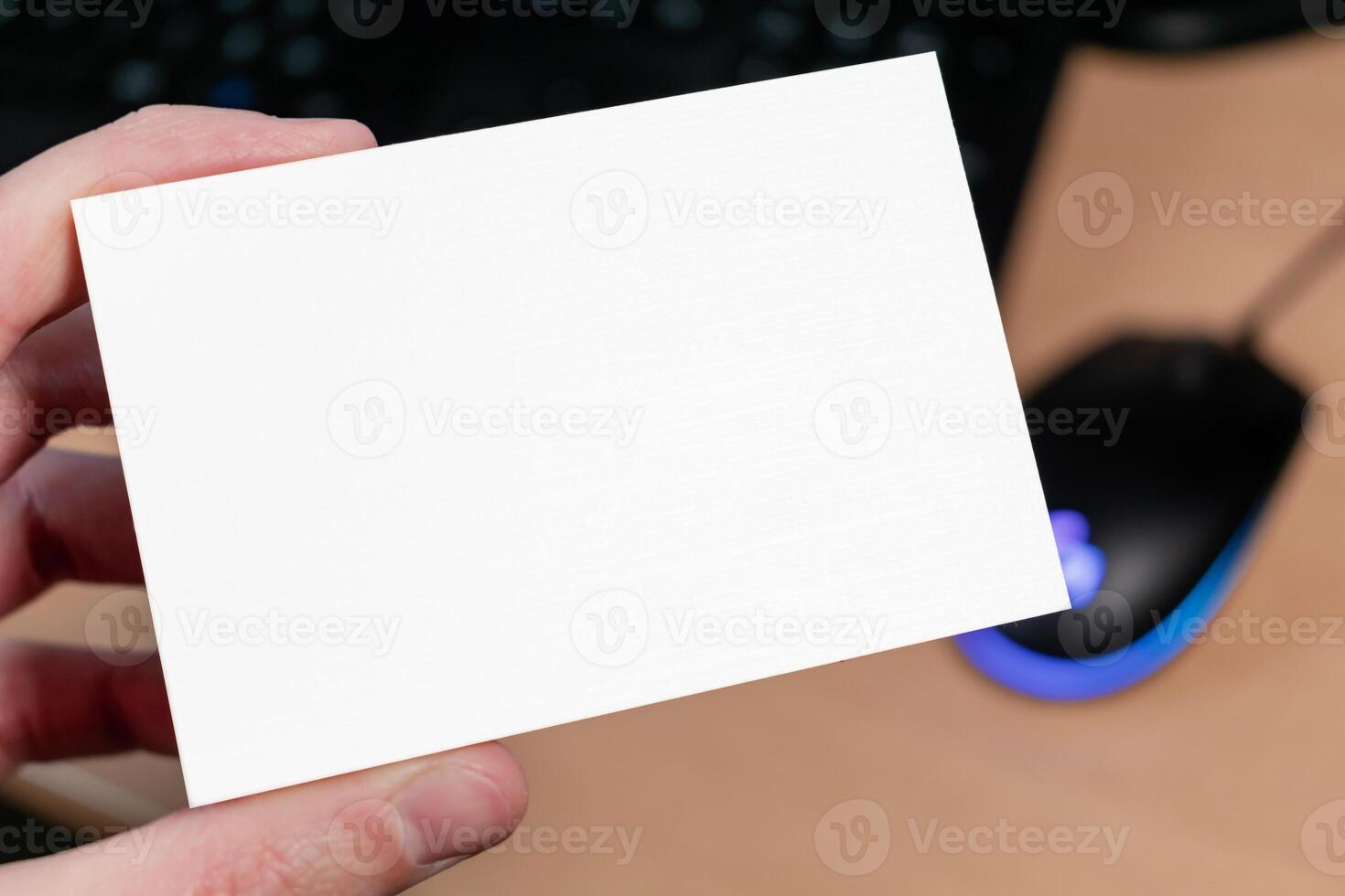 Horizontal business card mockup for advertising, desk on background, marketing and creative design, business photo