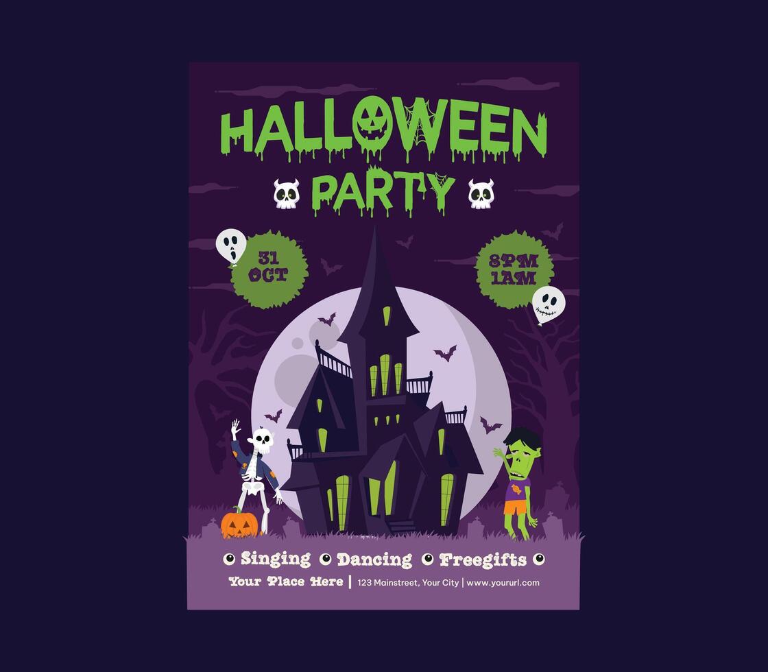Halloween Party Flyer. Happy Halloween text design, ghost, bat flying pumpkins, candle, moonnight. vector