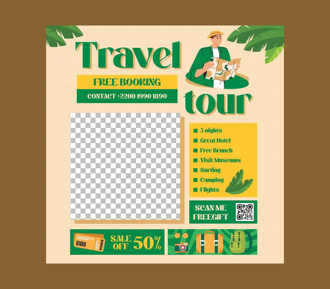 Travel Tour Socials Media. Holiday travel, traveling or summer beach travelling social media post or web banner template design vector