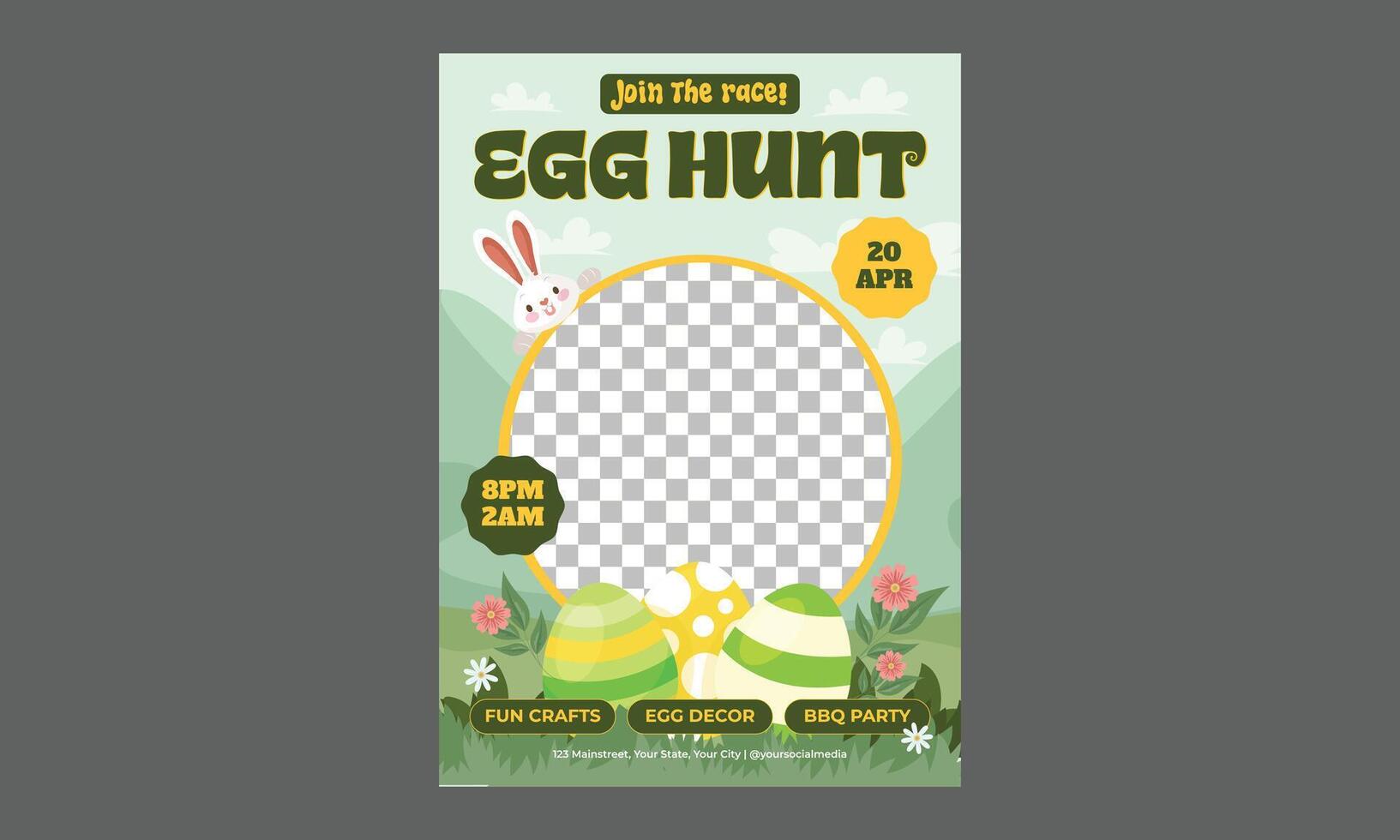 Easter Day Flyer. Easter holiday, hare with a basket of Easter eggs. vector