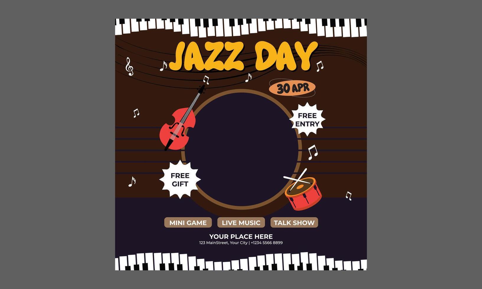 Jazz Day Socials Media. Cartoon illustration design for Poster, Banner, Flyer, Greeting, Card, Cover, Post, invitation, Event. vector
