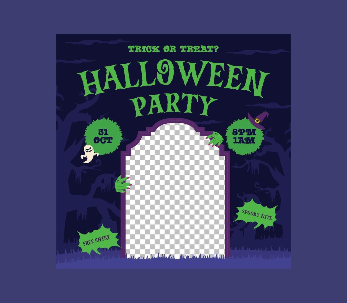 Halloween Party Socials Media. cute childish naive illustrations of characters, pumpkin, black cat, ghost, pattern, witch, logo for greeting card, poster, flyer or background vector