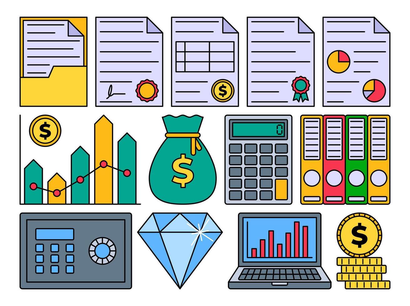 Banking and Finance Icons Flat design style, colorful finance tools including reports money calculator and charts perfect for business graphics fintech UI and presentations. vector