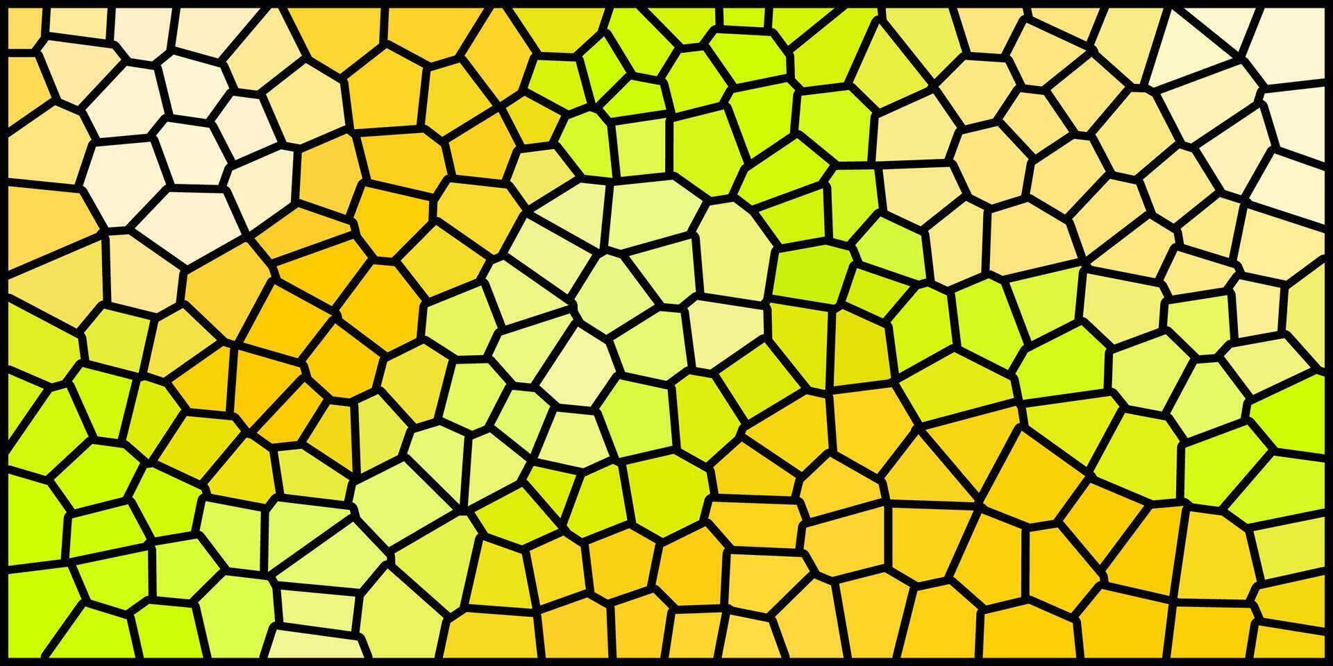 Vibrant mosaic pattern in shades of yellow, green, and orange with black outlines. A dynamic stained-glass effect perfect for bright, energetic backgrounds or artistic designs. vector