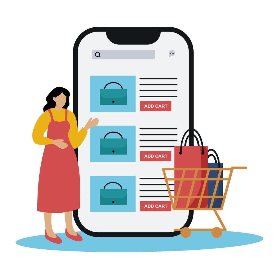 Flat illustration of woman adding handbags to cart on mobile app with shopping cart. Perfect for online store ads, shopping app interfaces, e-commerce marketing vector