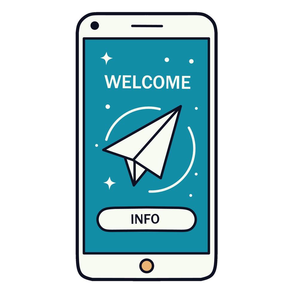 Modern onboarding screen with smartphone UI, paper plane icon welcome message. Perfect for mobile apps, startup intros, or email marketing visuals vector