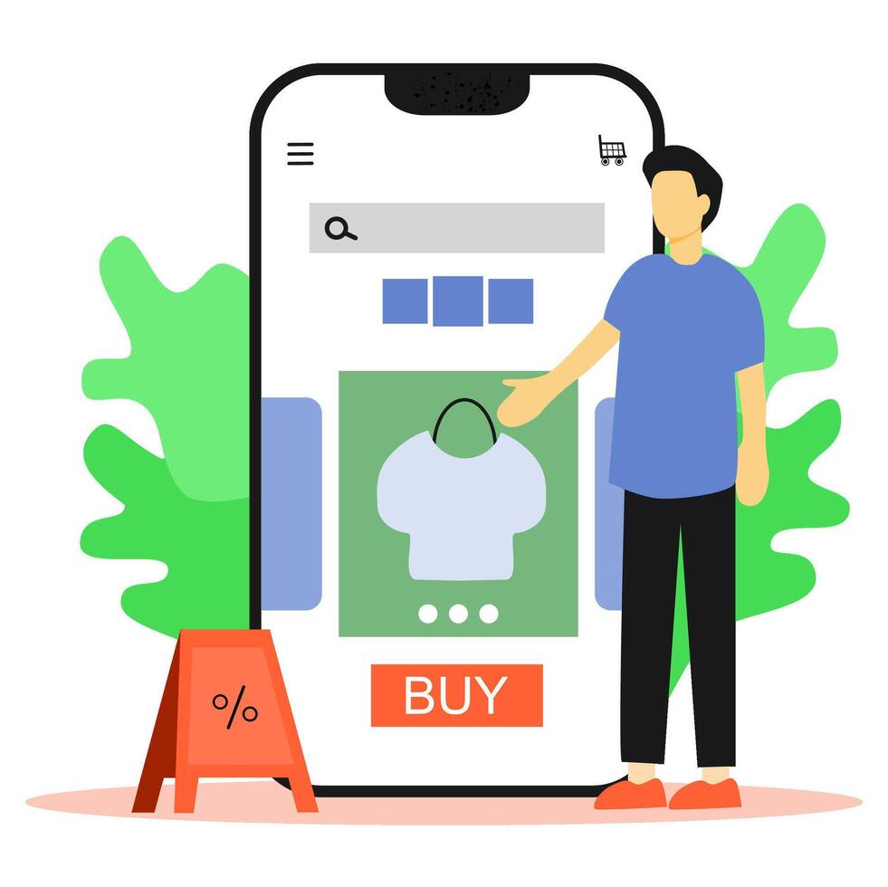 Flat design man shopping online with smartphone, browsing clothes, making a purchase. Perfect for e-commerce apps, online store promotions, mobile shopping UX vector