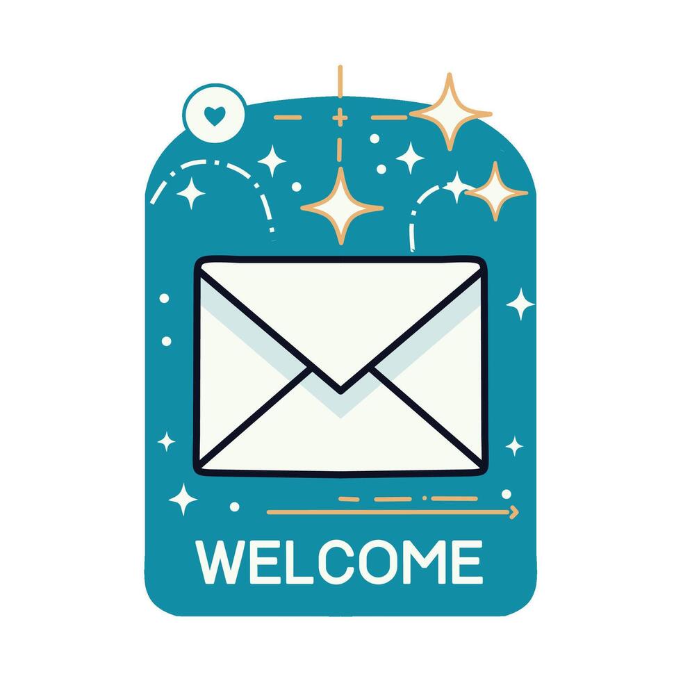 Flat design welcome email concept with envelope, sparkles, and heart icon. Ideal for newsletters, onboarding emails, or digital greeting campaigns vector