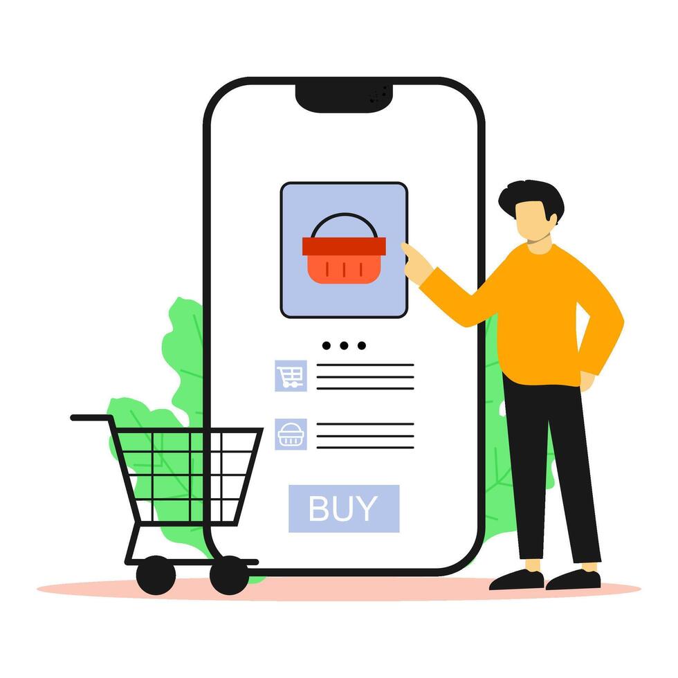Man purchasing handbag online with shopping cart full of bags beside. Best for checkout page design, mobile e-commerce interfaces, online retail store visuals vector