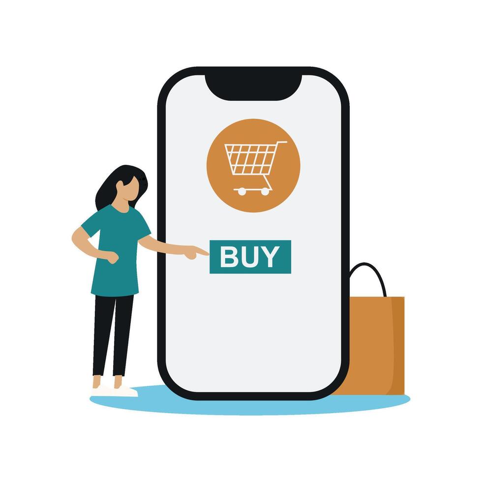 Young woman buying online via smartphone app, heart icon for like, shopping bags beside. Great for mobile shopping UX, e-commerce promotion, digital retail ads vector