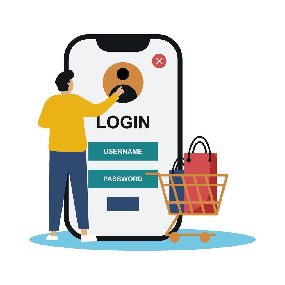 Male user logging into e-commerce app via smartphone, cart full of products. Great for user onboarding design, app login screens, secure shopping interface visuals vector