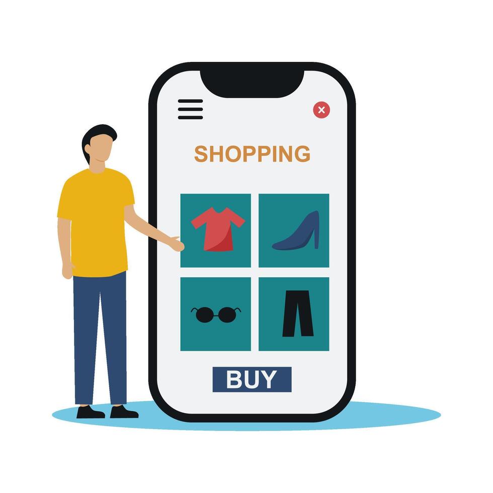 Man browsing online shopping app for clothes, shoes, sunglasses. Perfect for fashion e-commerce, online retail ads, shopping application interfaces vector