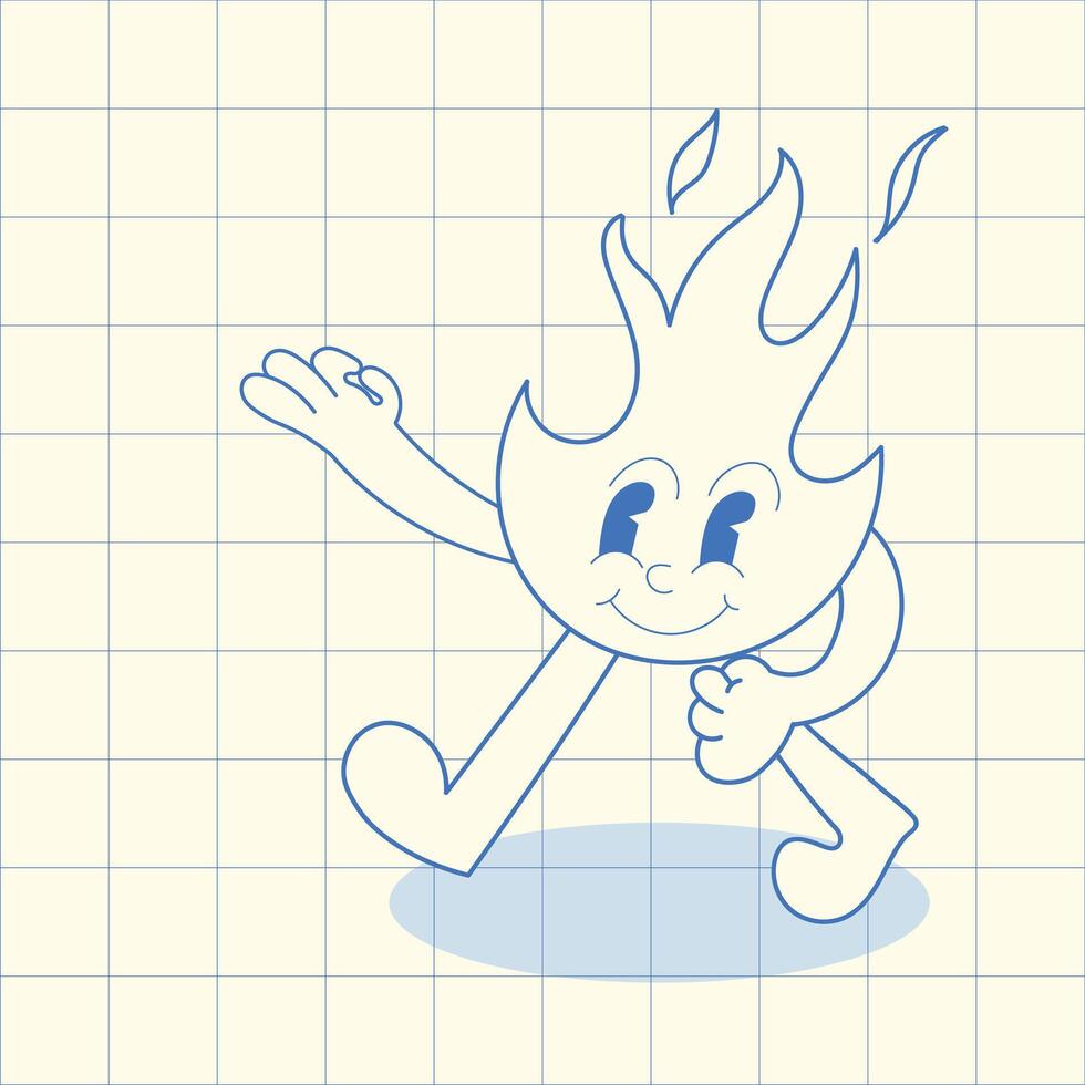 Vintage cartoon character design with smiling flame mascot and groovy style for retro themes, embodying optimism vector