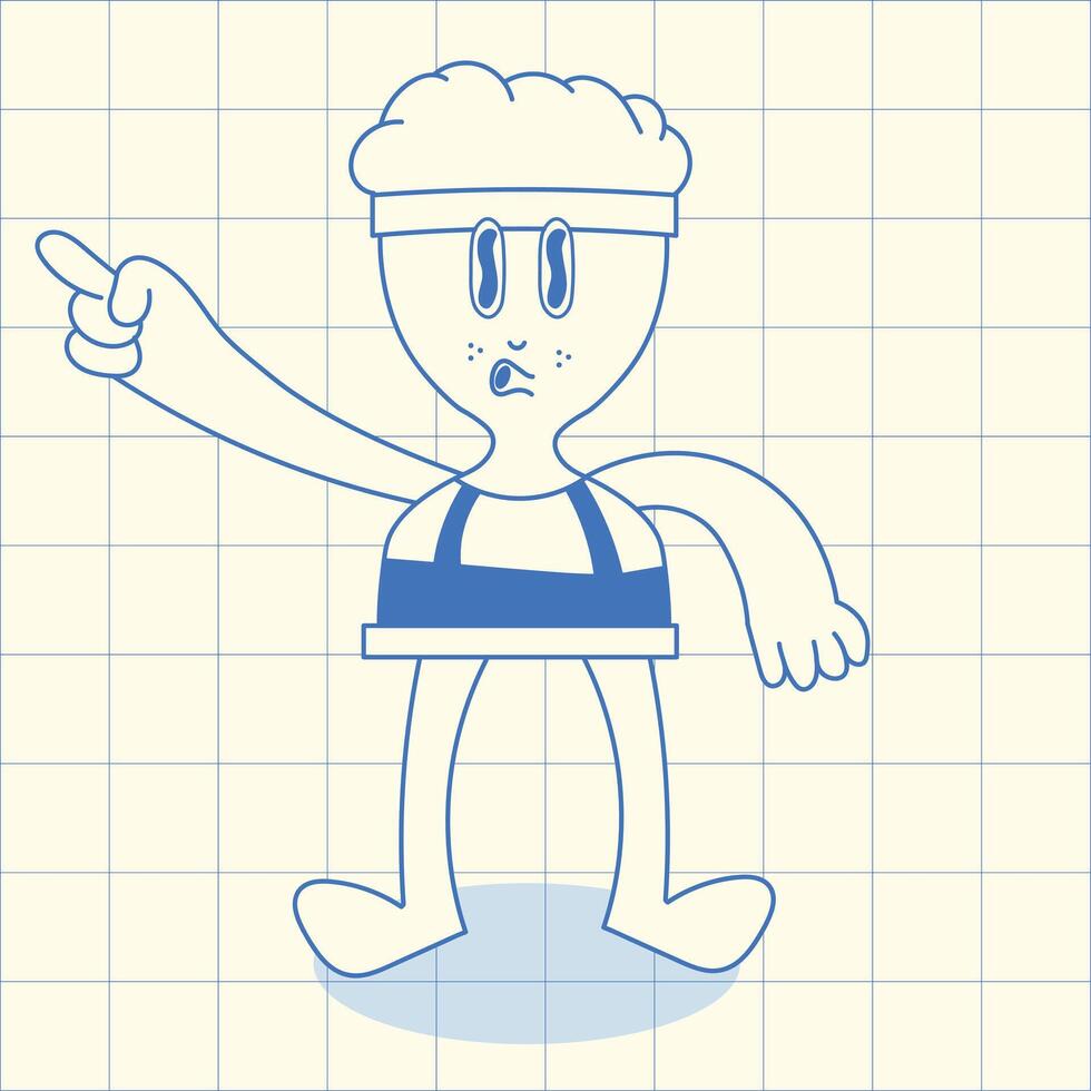 Retro Cartoon Character with Pointing Gesture on Grid Background vector