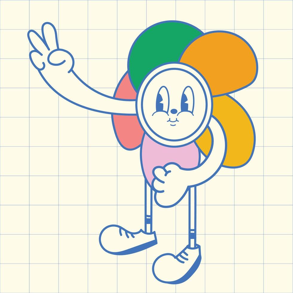 Retro Cartoon Flower Character with Peace Sign on Grid Background Illustration vector
