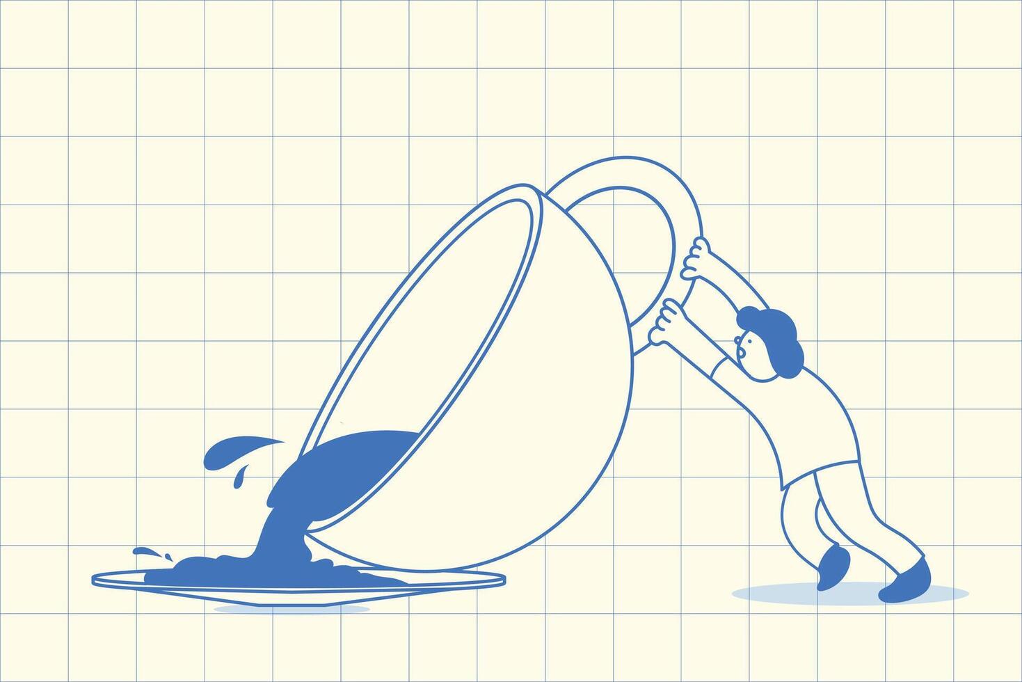 a Person Pouring Liquid from a Giant Cup , Expressing Effort and Scale, graphic elements for advertising, branding, posters and banners, funny cartoon illustration with character and mascot vector