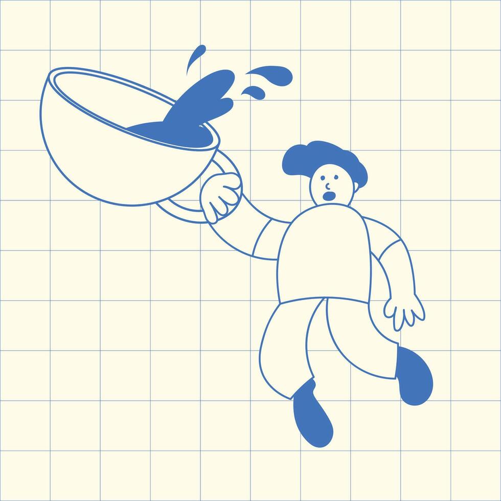a person spilling coffee, expressing surprise and accident with a retro, graphic elements for advertising, branding, posters and banners, funny cartoon illustration with character and mascot vector
