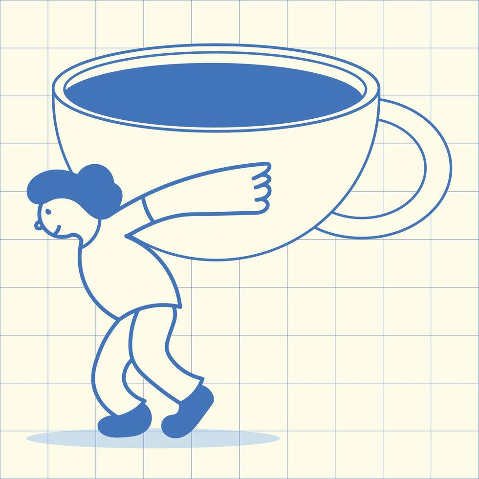 Cartoon illustration of a man carrying a huge coffee cup, a heavy burden concept, graphic elements for advertising, branding, posters and banners, funny cartoon illustration with character and mascot vector