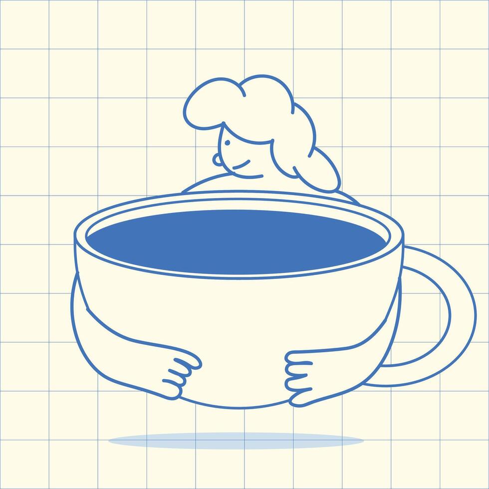 Conceptual Illustration of a Woman Embracing a Giant Cup of Coffee,graphic elements for advertising, branding, posters and banners, funny cartoon illustration with character and mascot vector