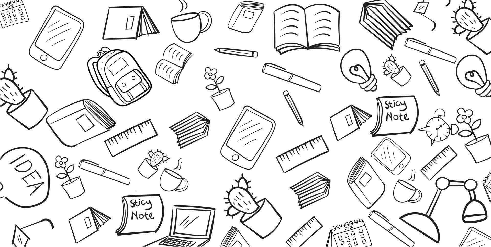 a black and white drawing of school supplies vector