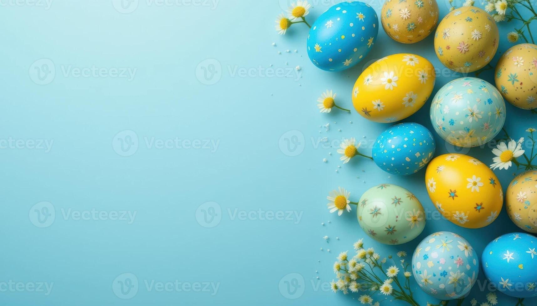 Easter eggs of various colors with floral patterns and daisies are arranged on a light blue background, creating a bright and cheerful holiday atmosphere. There is an empty space on the left, photo