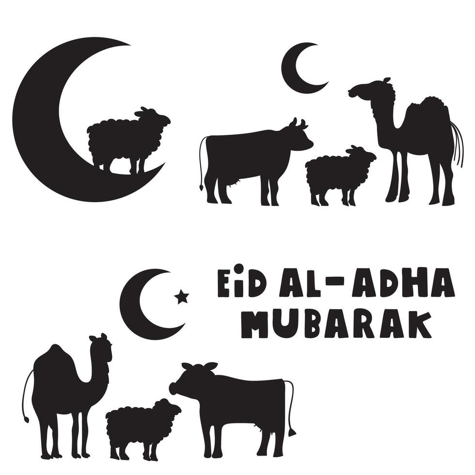 Eid Al-Adha Mubarak. Holiday banner. Graphic design. Silhouettes of animals. illustration on white background. vector