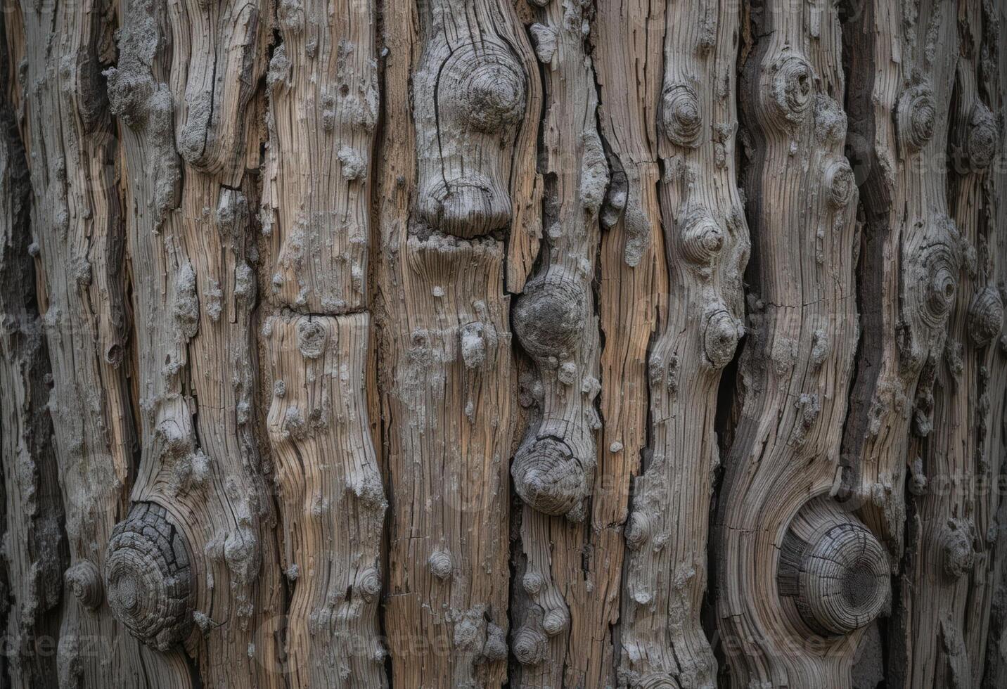 background is a close up of an old tree with deep cracks and furrows. In the center, a tree knot with concentric circles is visible, surrounded by a rough bark texture. photo