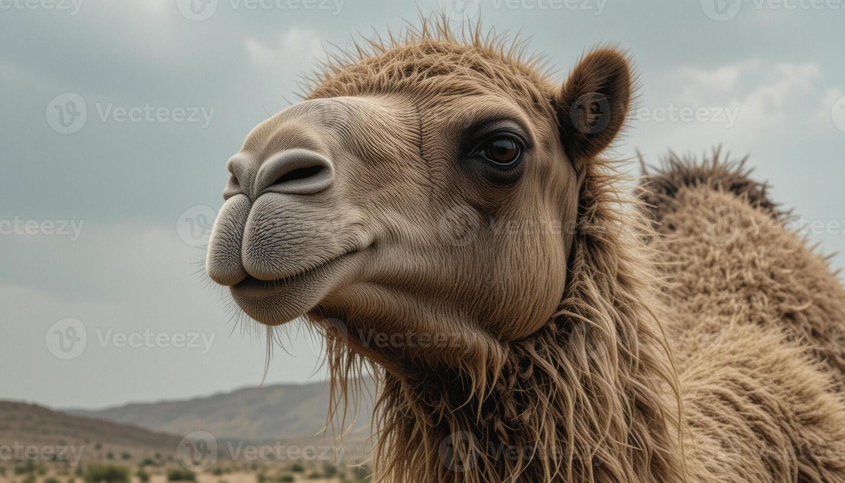 a close up of a camel's head photo
