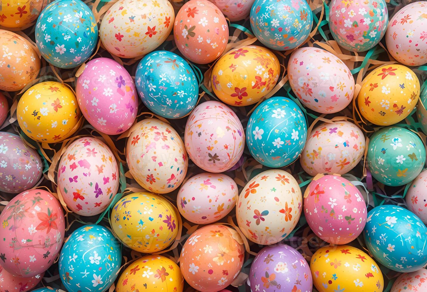 many colorful easter eggs are arranged in a pile photo