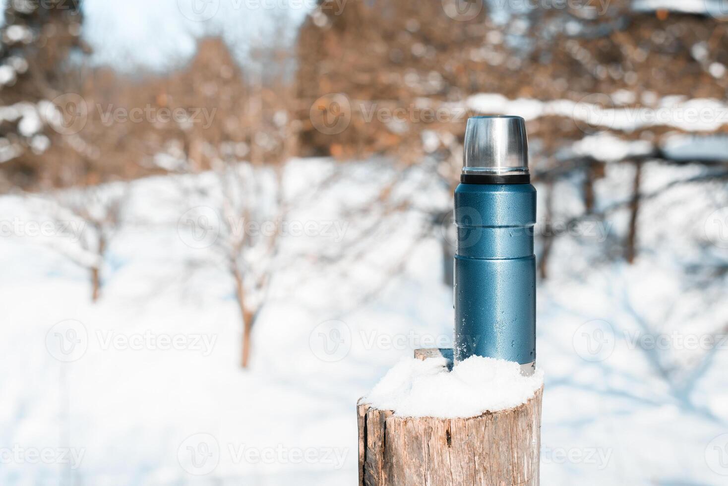 Blue vacuum travel flask. Thermos covered with snow, tree stump, winter forest on a sunny day. photo