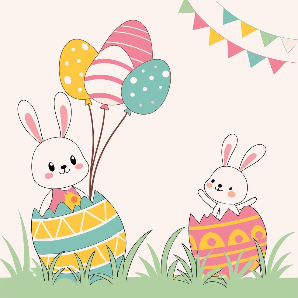 Cartoon Easter Scene with Bunnies and Decorations vector