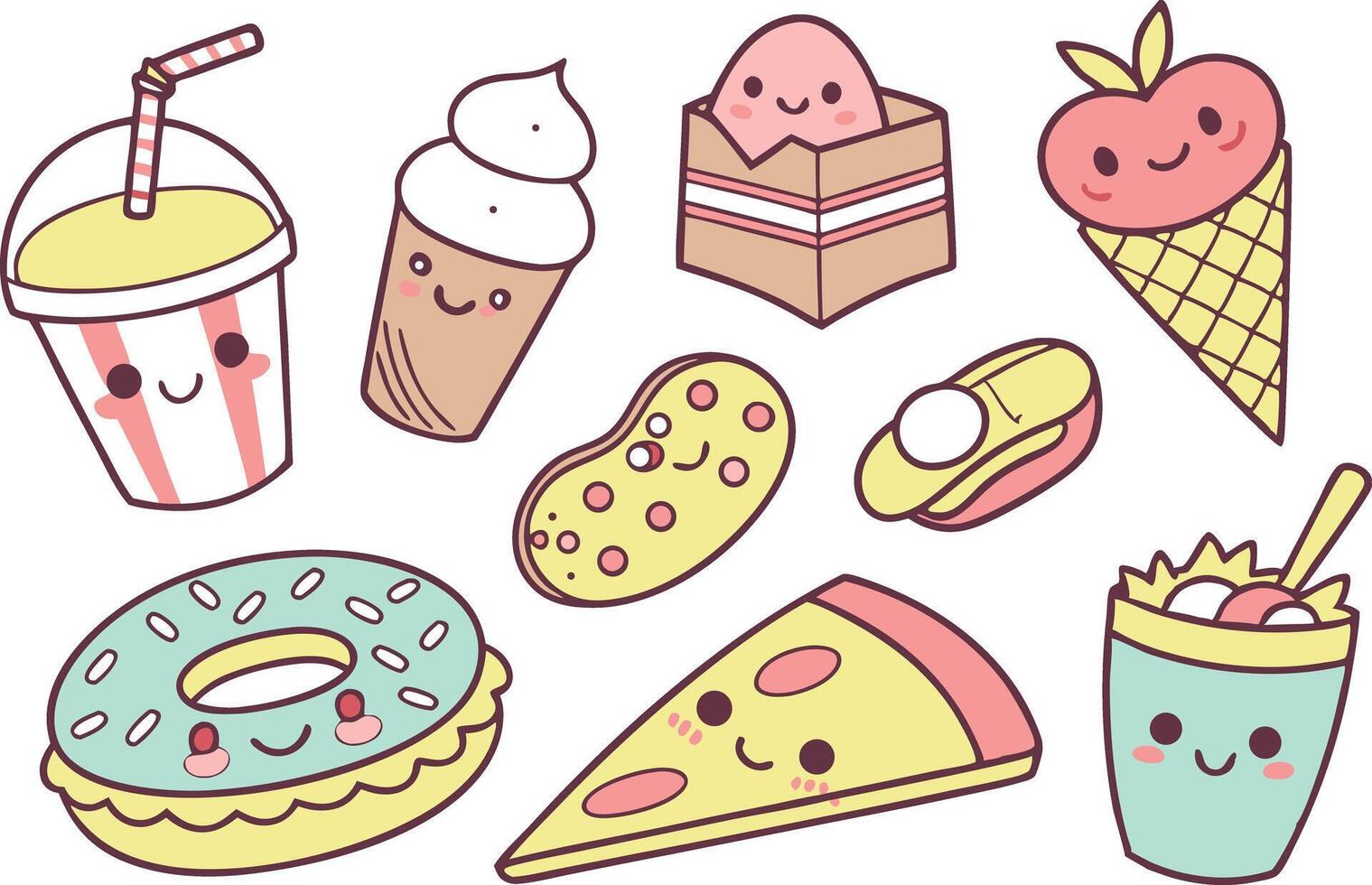 Kawaii Breakfast Clipart with Happy Faces vector