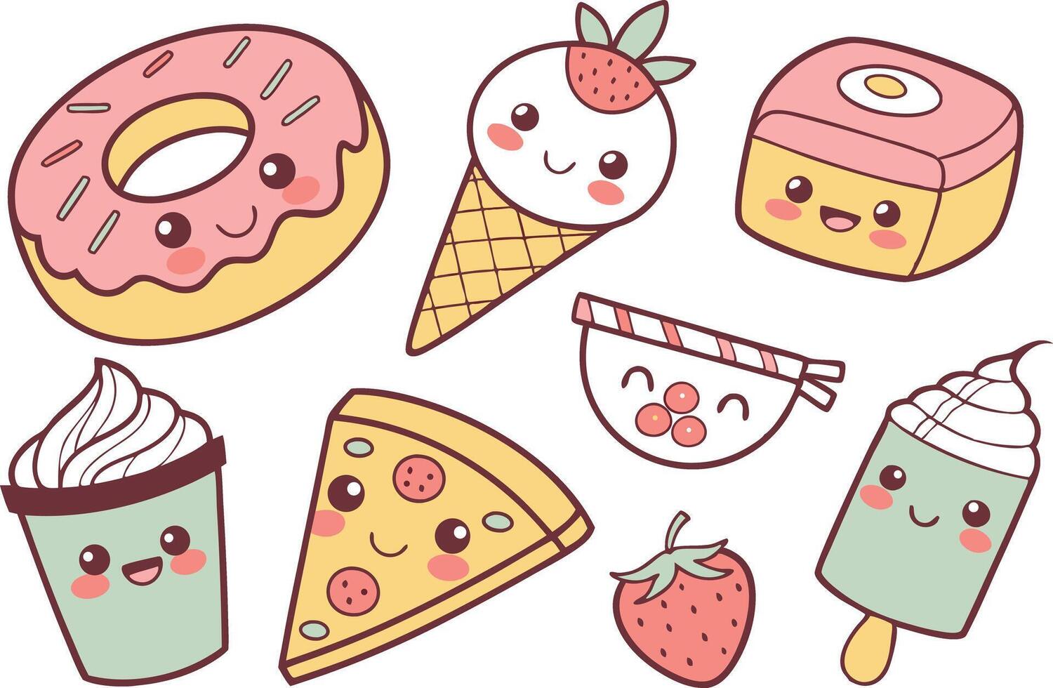 Fun Kawaii Food Characters Clipart Set vector