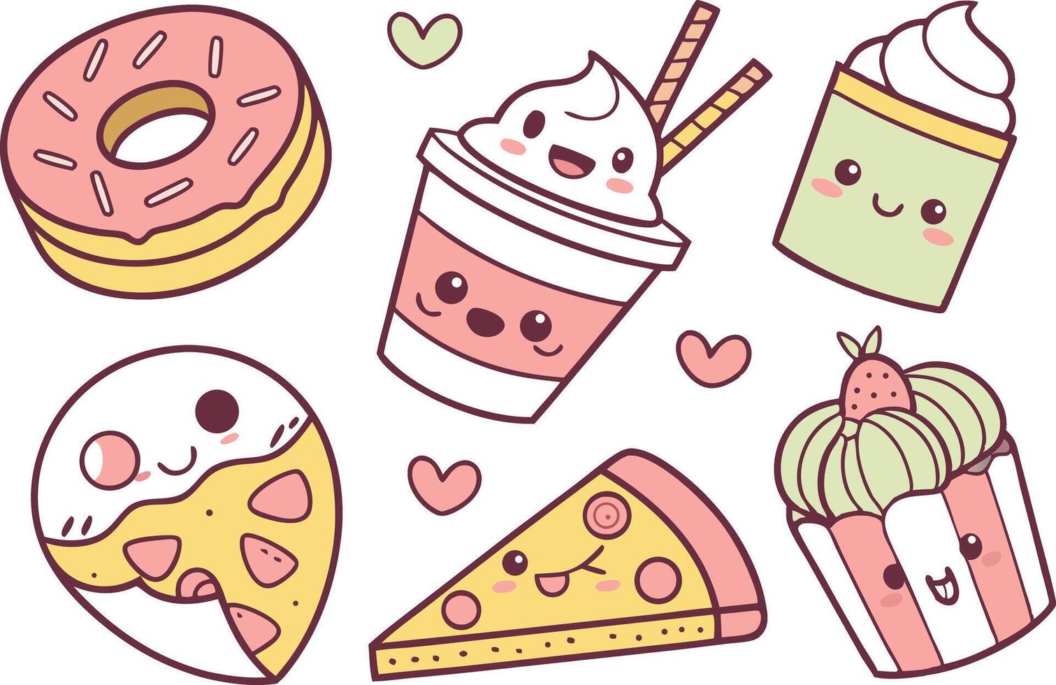 Cartoon Sushi and Pizza Clipart Kawaii Style vector
