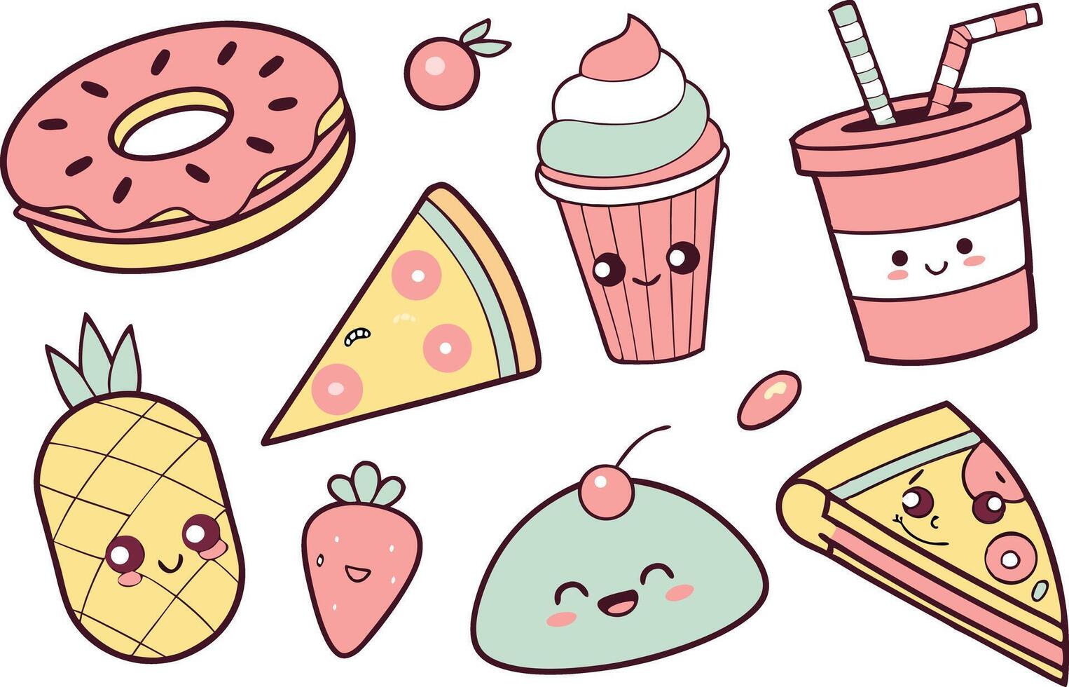 Kawaii Food Clipart Bundle with Cute Doodles vector