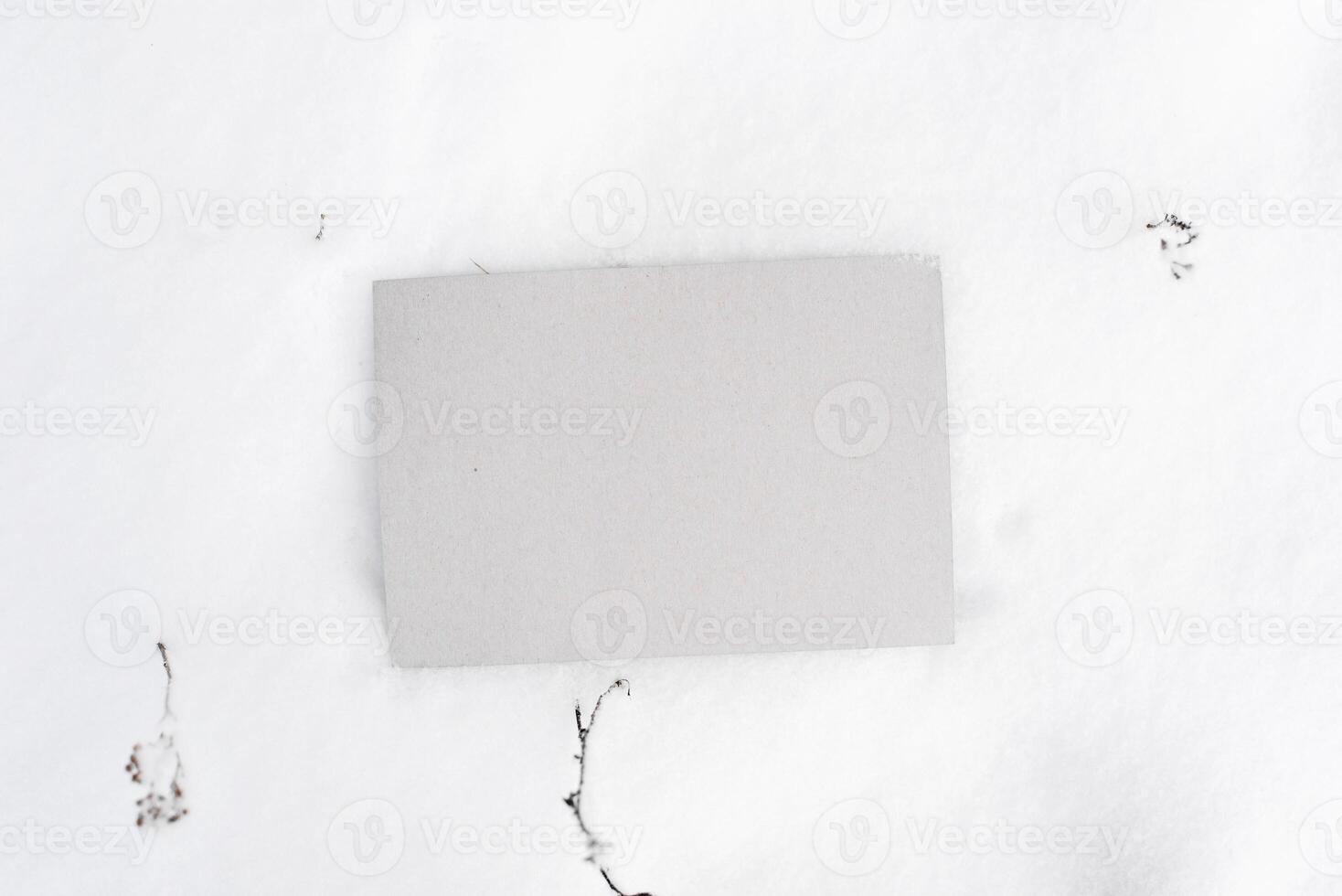 Gray cardboard mock up. Blank sheet of cardboard lying in the snow, top view. Empty space for text, branding, message. photo