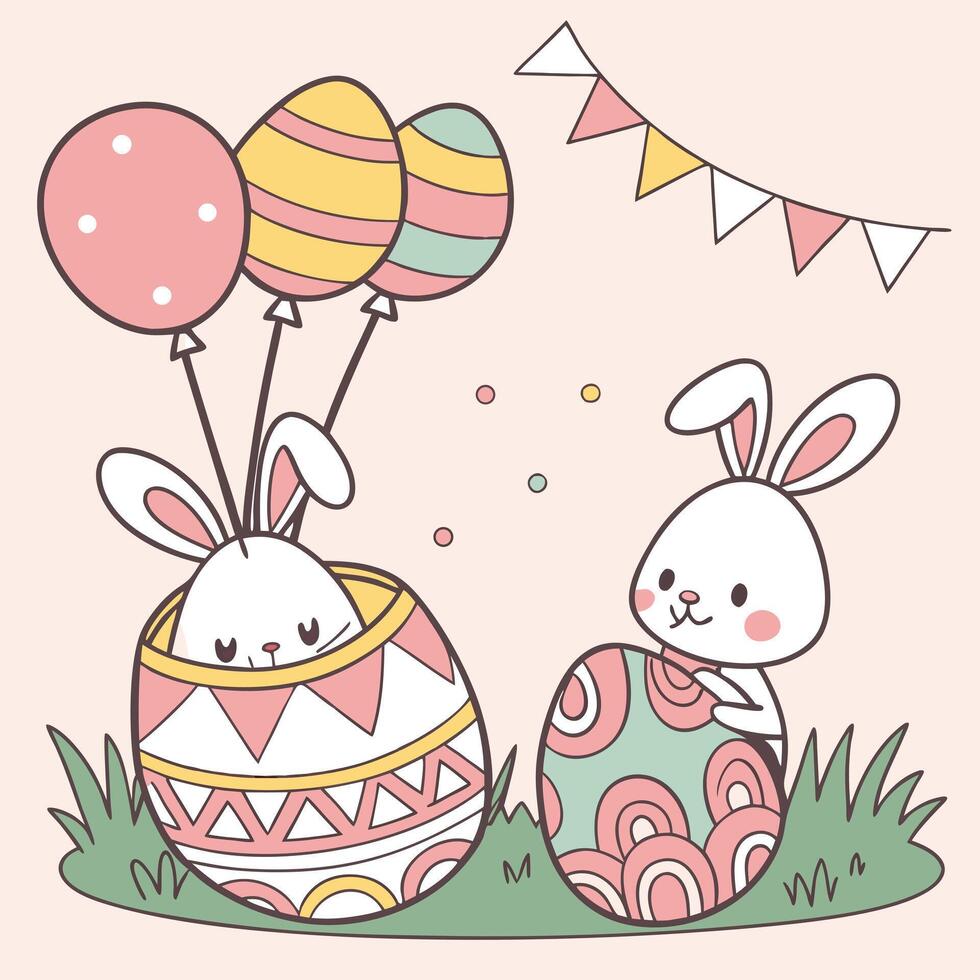 Cute Easter Bunny Illustration with Eggs and Balloons vector