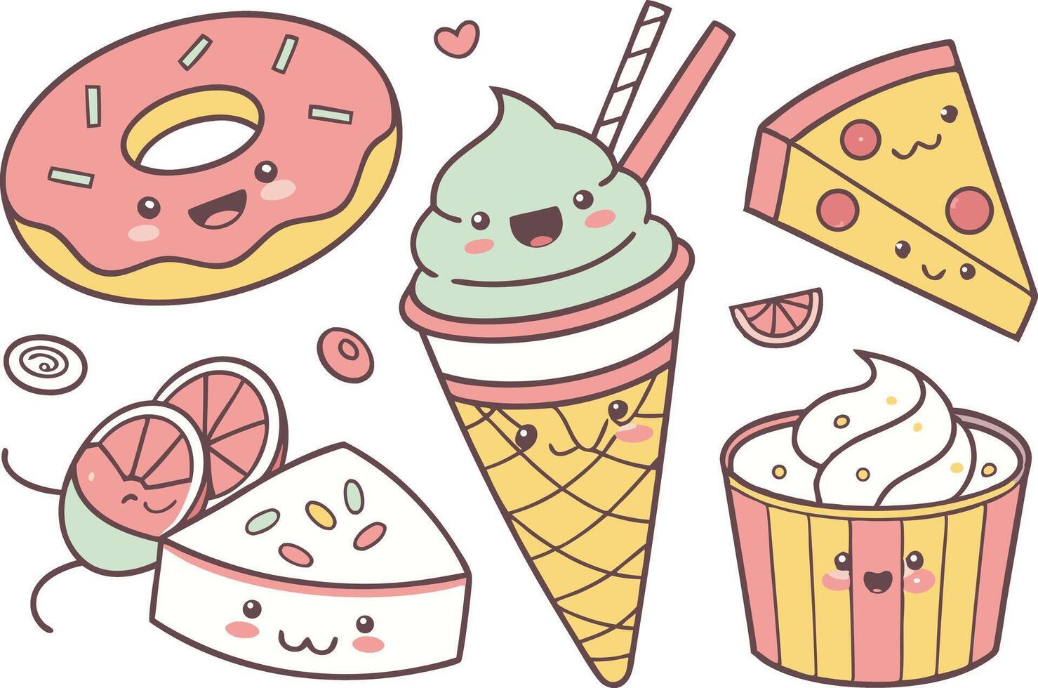 Ice Cream and Donuts Clipart in Kawaii Style vector