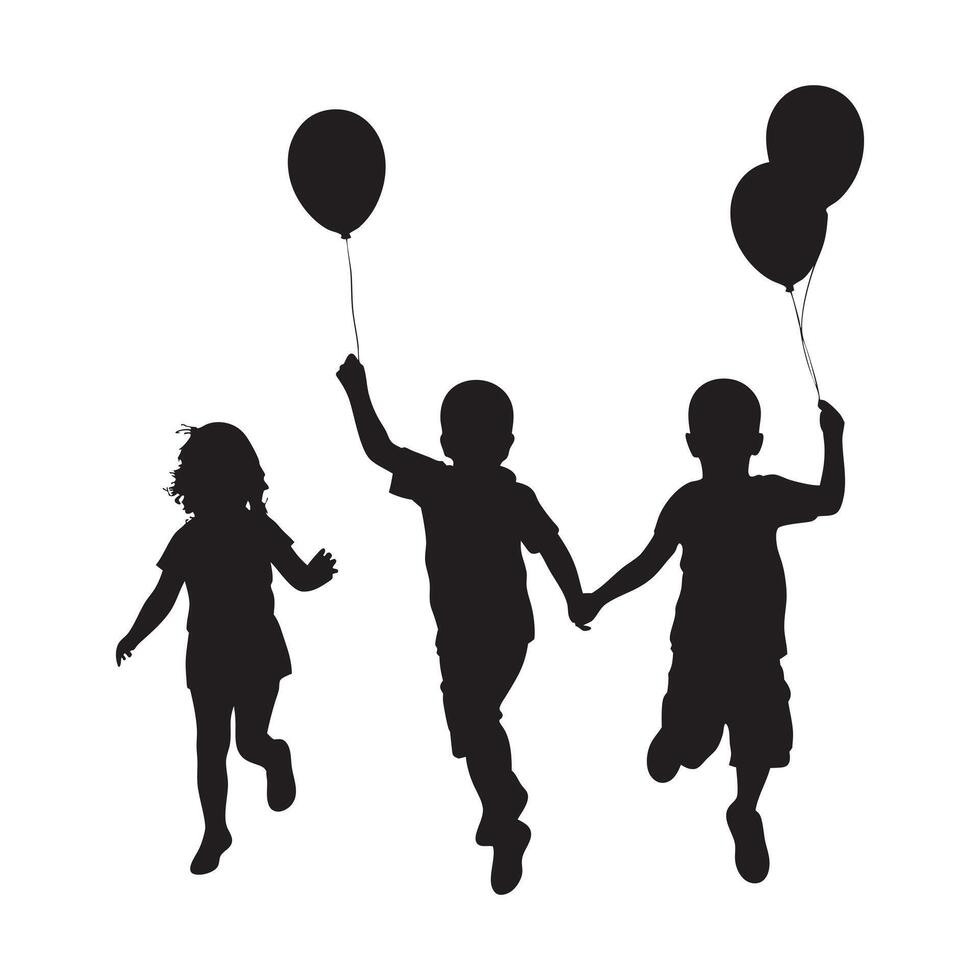 a group of children silhouette with balloons on there hand vector