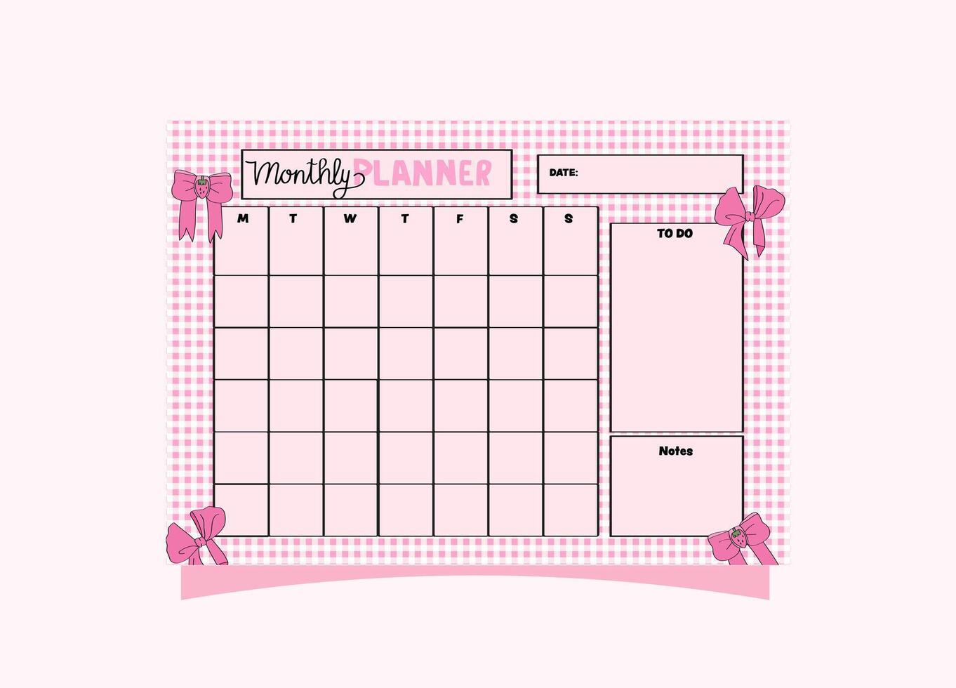pink aesthetic monthly planner with ribbon bows. Planner for daily and weekly organizing. vector