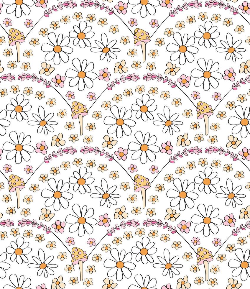cute retro daisy and mushroom scallop seamless pattern. vector