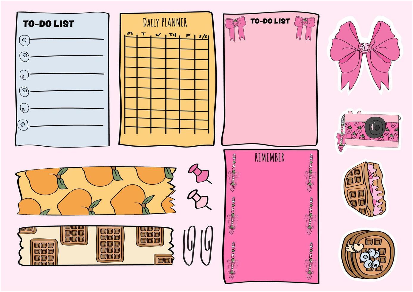 cute notepad, planner stickers, and washi tape set. set of planner elements for journaling and scrapbooking. vector
