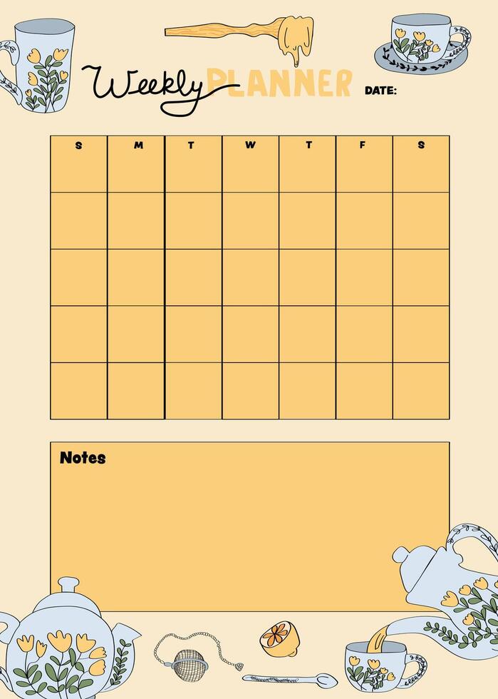 tea time-themed weekly planner and daily organizer. vector