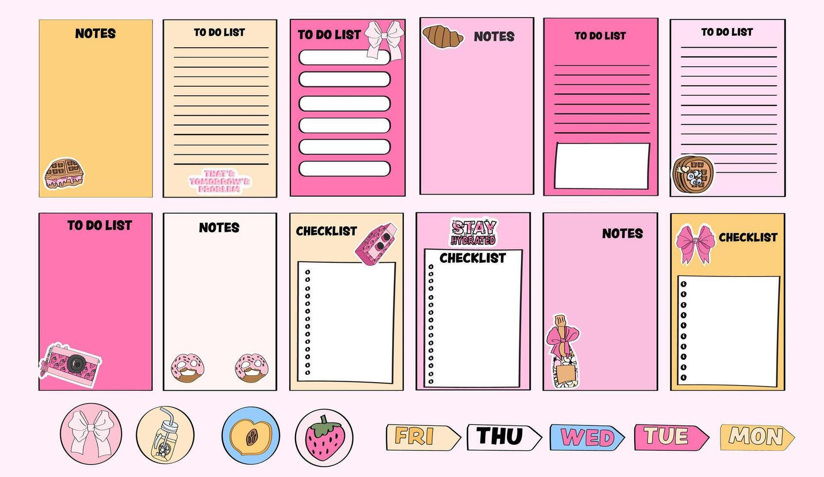 set of checklists, to-do lists, notes, memo pad, and notepad pages. vector
