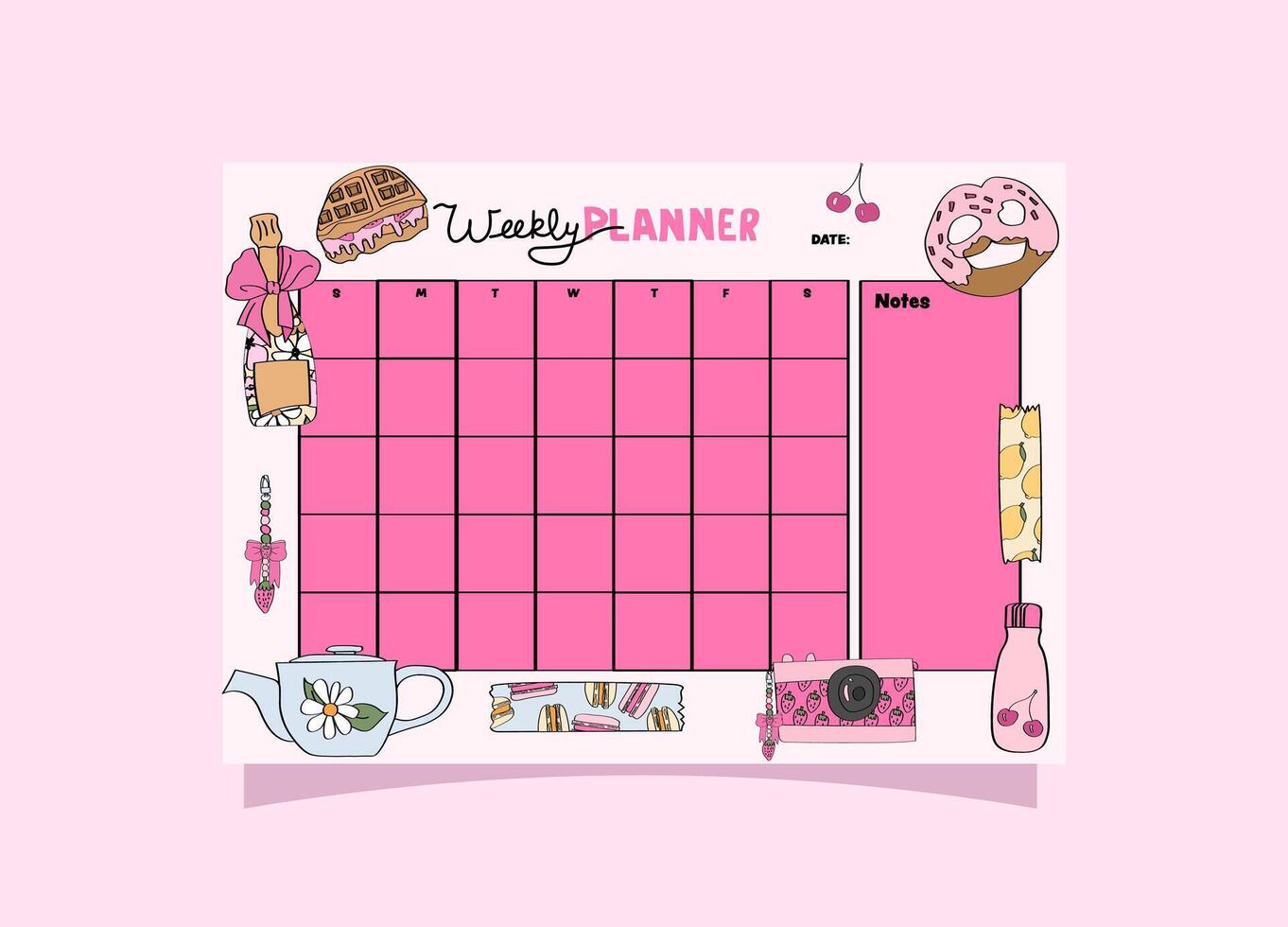 pink aesthetic girly weekly planner. Planner for monthly and daily organizing. vector