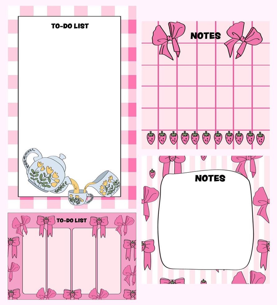 pink ribbon bows and strawberry-themed notepad and memo pad template set. vector
