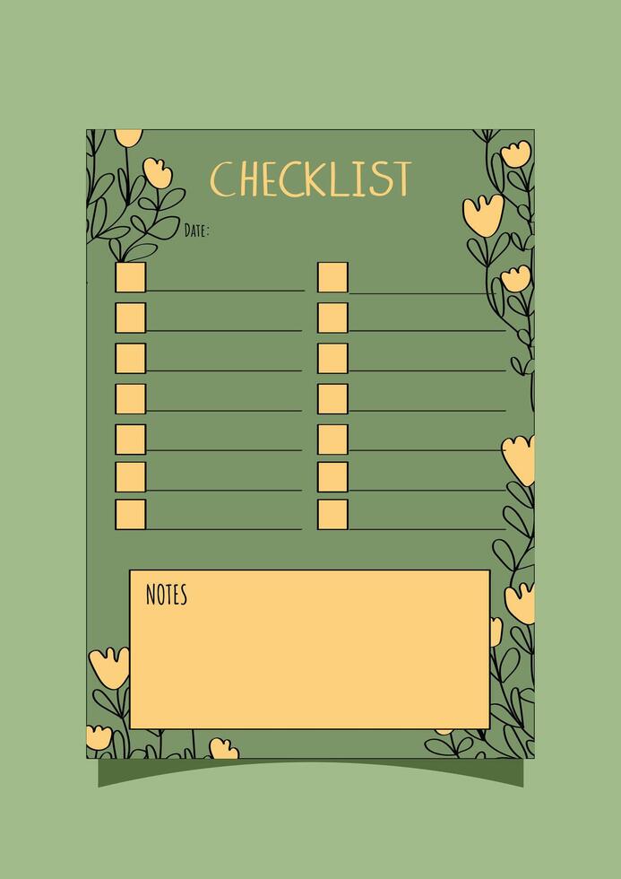 self-care checklist yellow flowers. Planner for daily and weekly organizing. vector